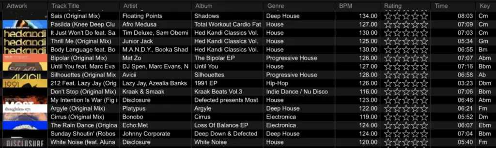 DJ set list of music tracks on rekordbox